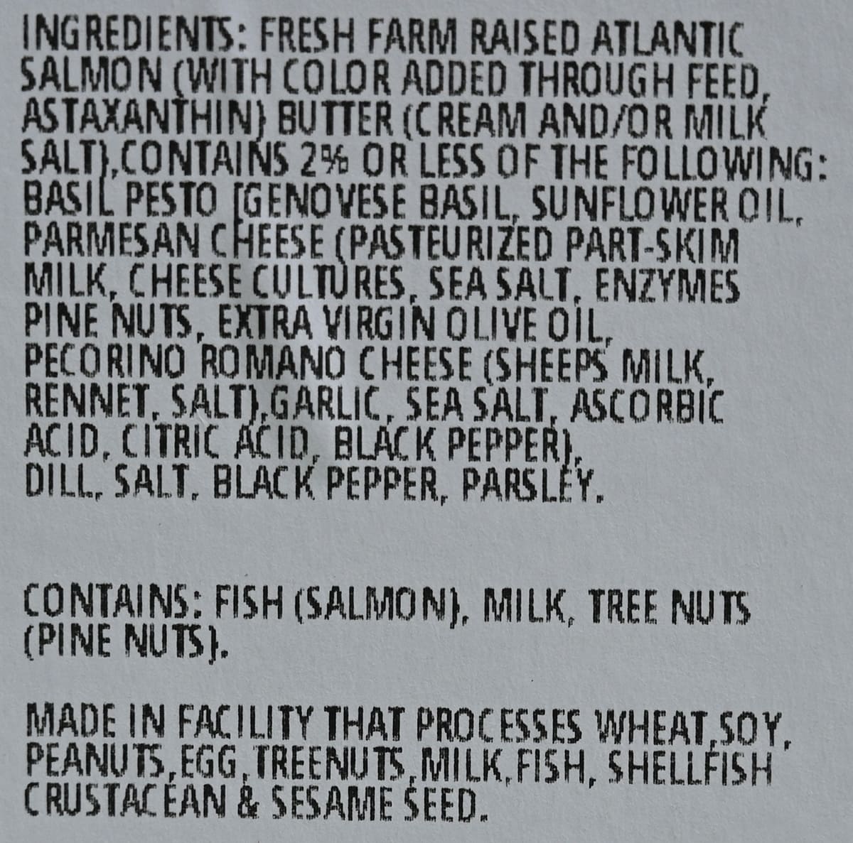 Image of the ingredients for the salmon from the label.