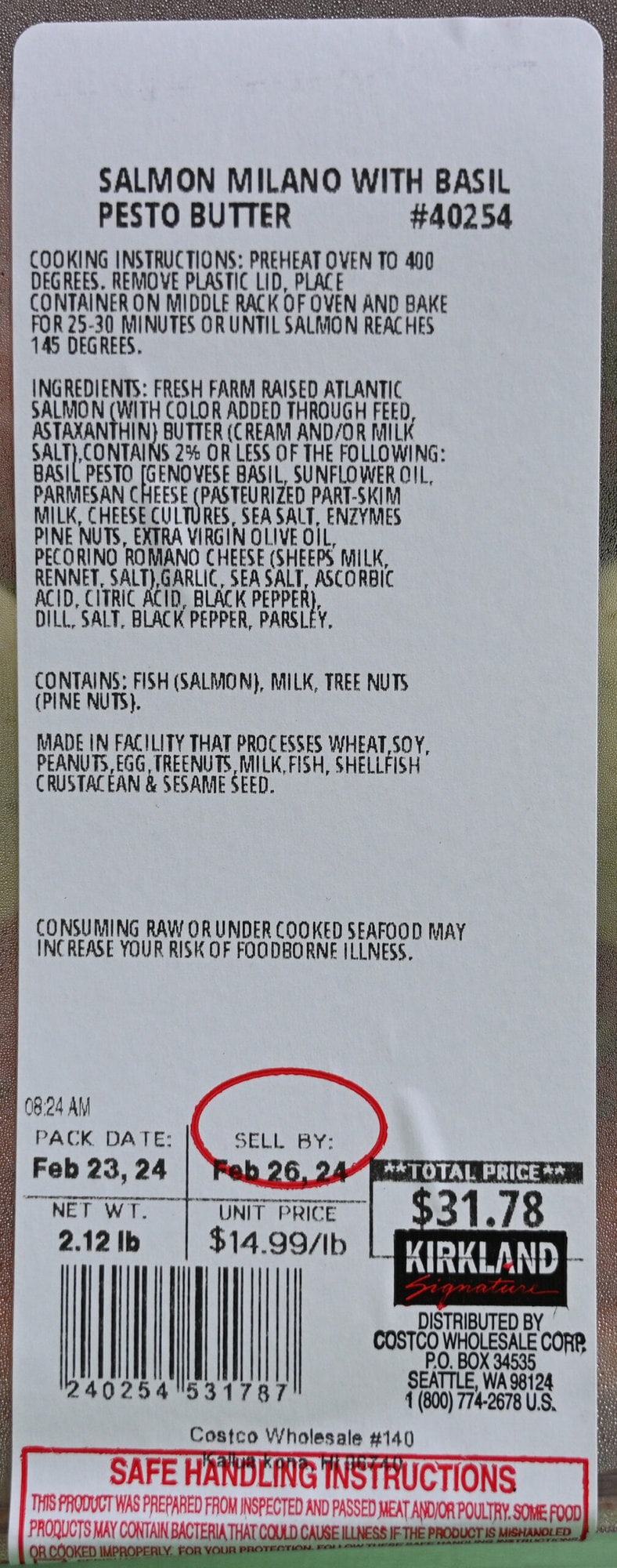 Closeup image of the front label on the salmon showing price, cooking instructions, ingredients and best before date.