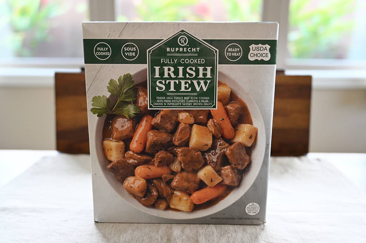 Image of the Costco Ruprecht Irish Stew box sitting on a table unopened.