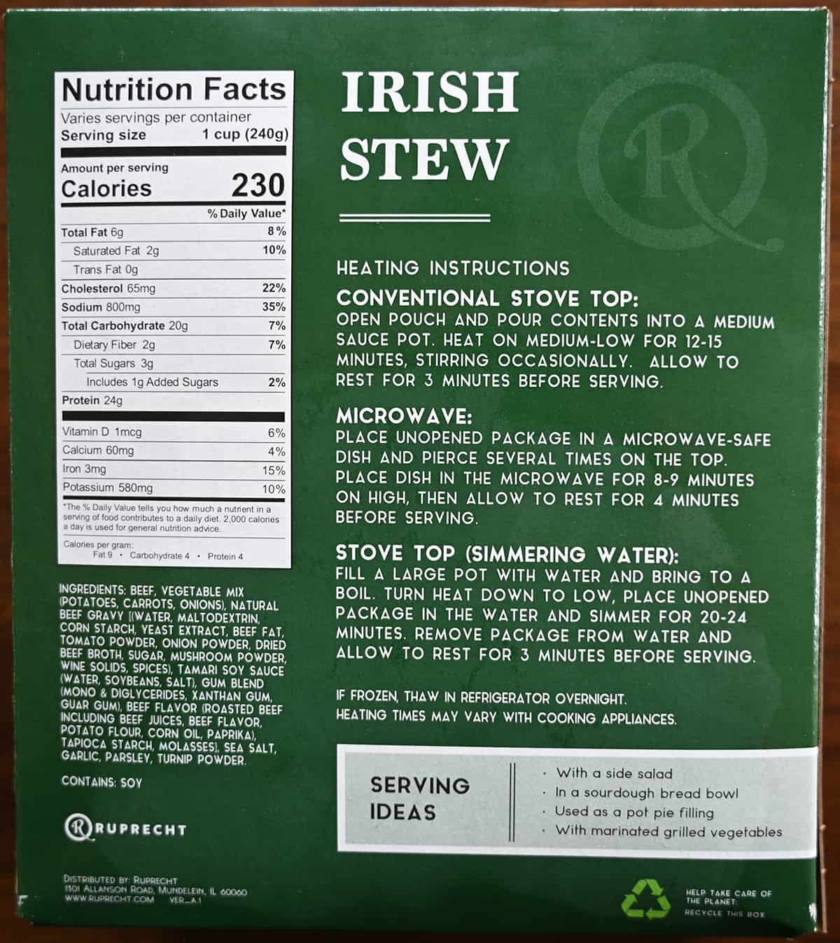 Image of the back of the box of stew showing ingredients, nutrition facts and cooking instructions.