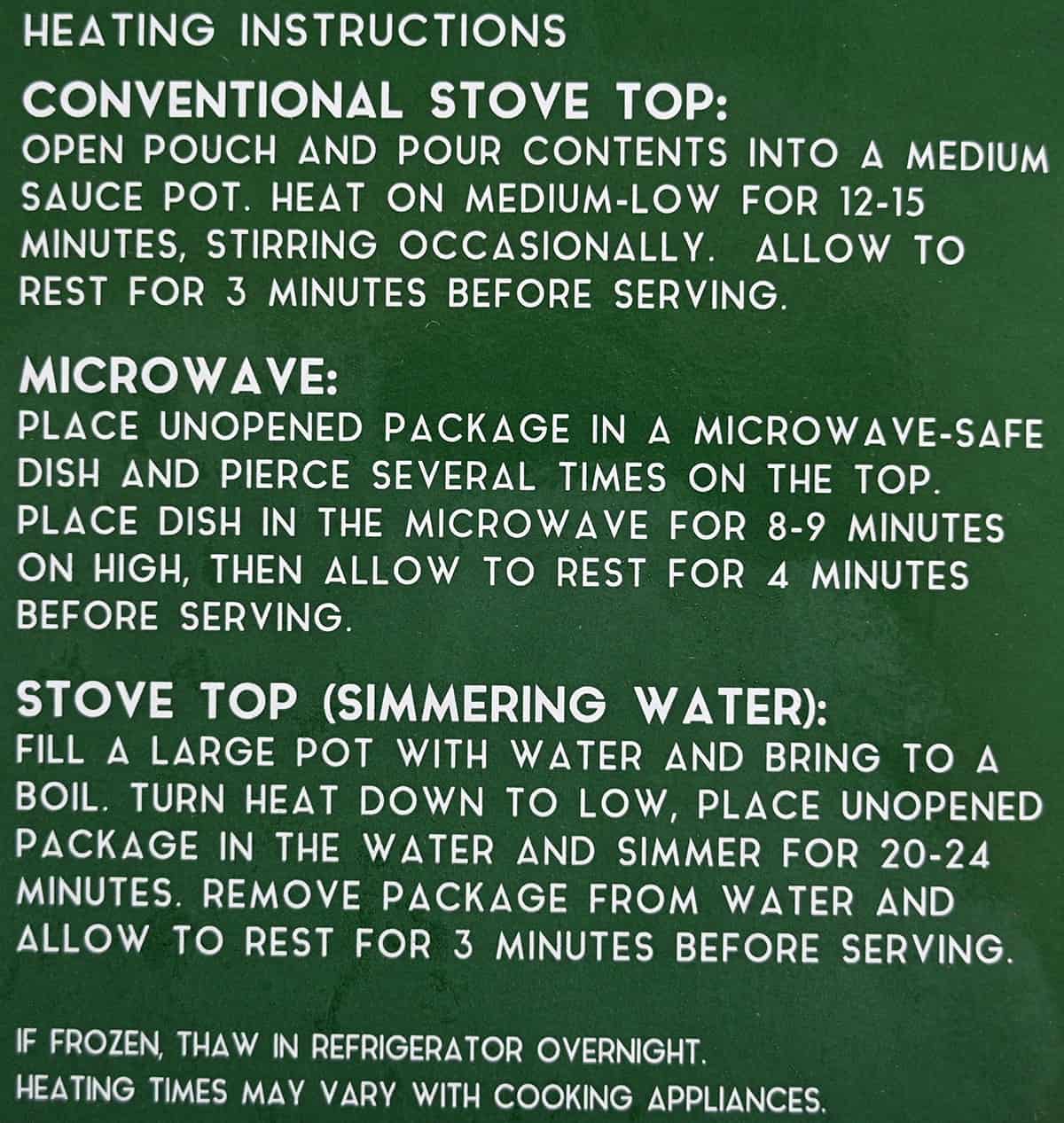 Image of the heating instructions for the stew from the back of the box.