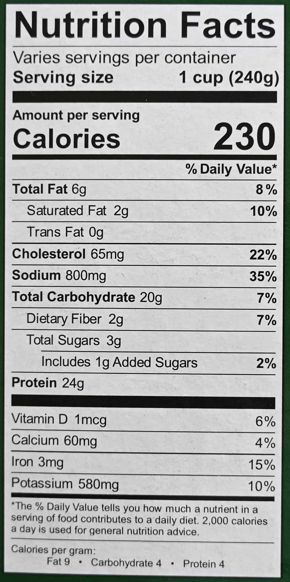 Image of the nutrition facts for the strew from the back of the box.