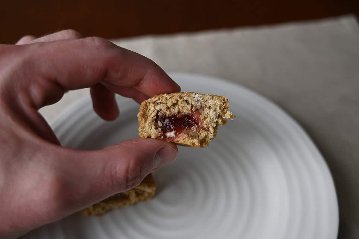 Closeup image of a hand holding one strawberry stuff'd oat bite close to the camera cut in half so you can see the strawberry filling.