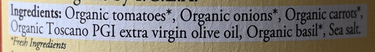 Image of the ingredients list for the Kirkland Signature Marinara from Tuscany.