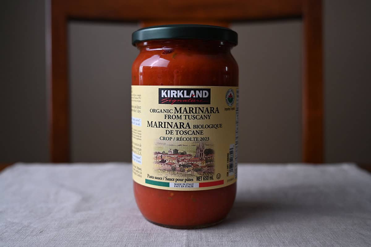 Image of one single jar of the Costco Kirkland Signature Organic Marinara from Tuscany.