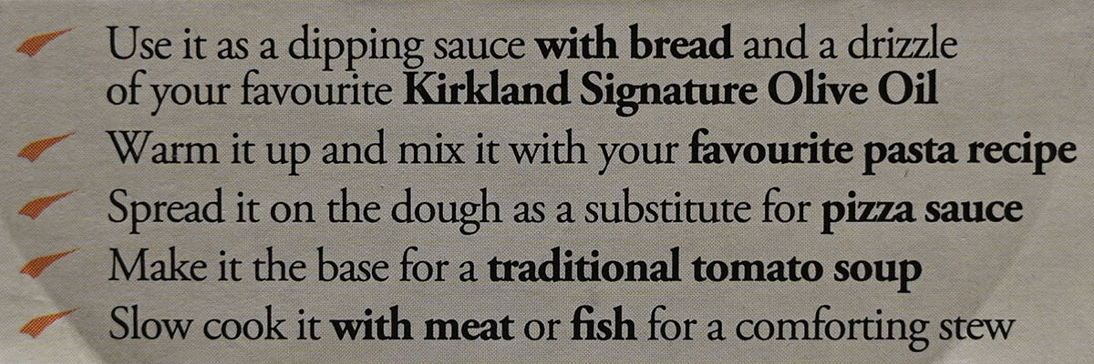 Image of serving suggestions for the marinara sauce from the back of the jar.