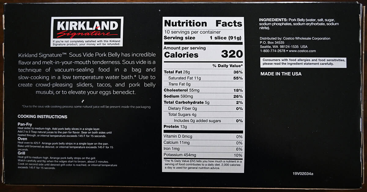 Image of the back of the box of pork belly showing product description, nutrition facts, ingredients and that it's made in the USA.