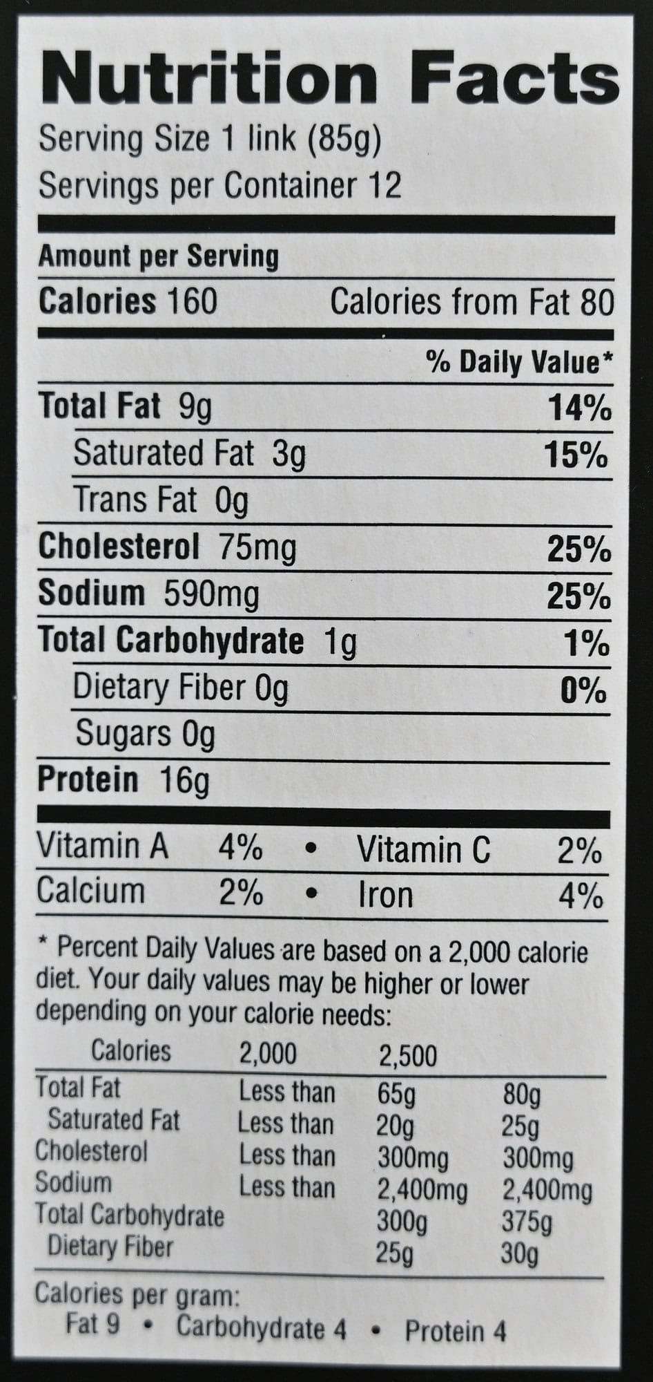 Image of the nutrition facts for the sausages from the back of the package.