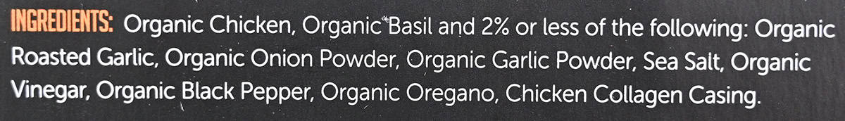 Image of the ingredients for the sausages from the back of the package.