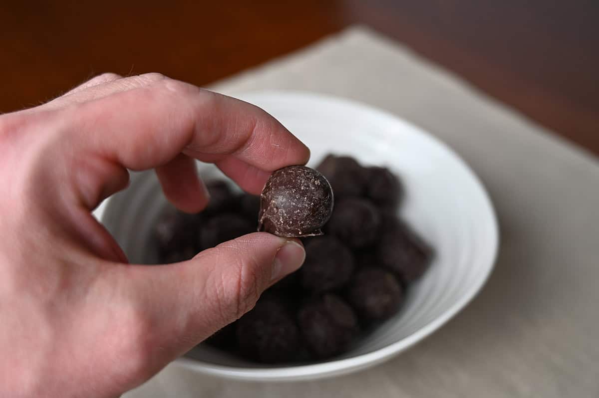 Closeup image of a hand holding one truffle close to the camera with a bowl of truffles in the background.