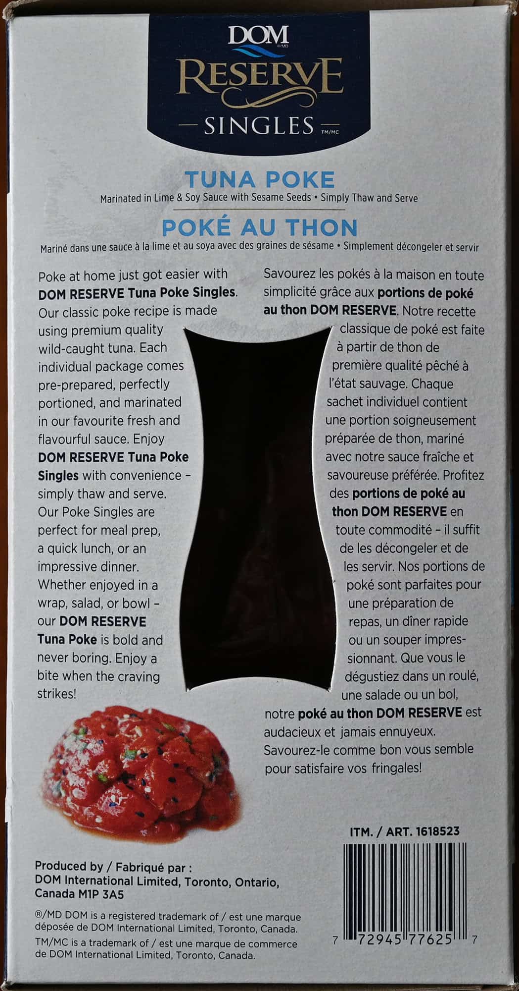 Image of the back of the box of the tuna poke showing product description.