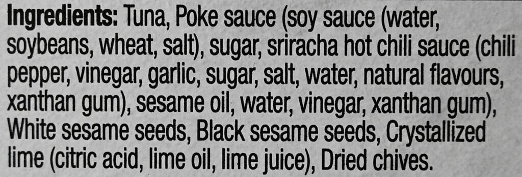 Image of the ingredients list for the tuna poke from the back of the box.