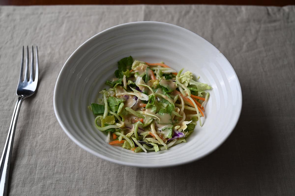 Close up side view image of a salad with the dressing & marinade on top of the salad, there's a fork resting beside the bowl of salad.