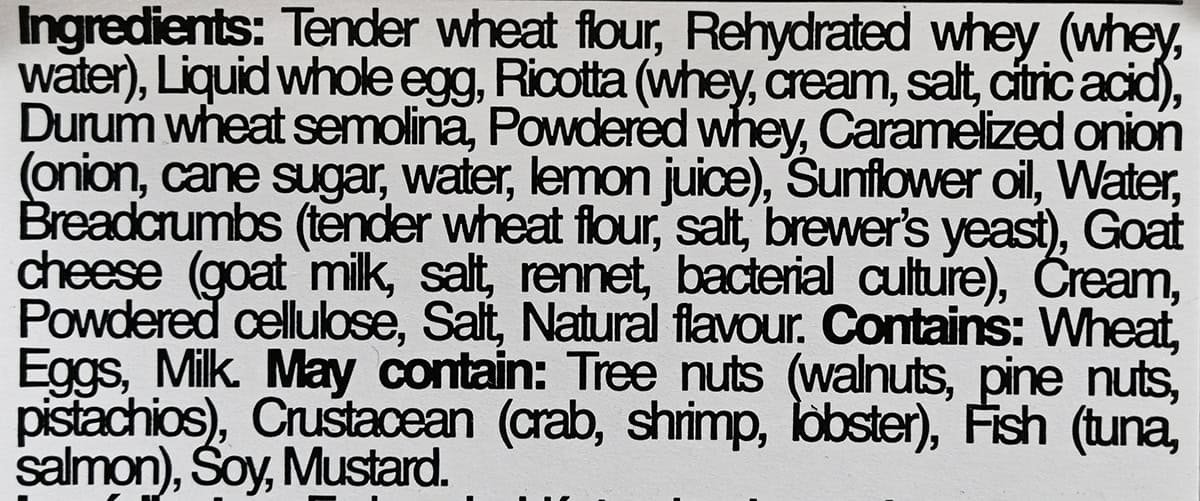 Image of the ingredients list for the ravioli from the back of the package.