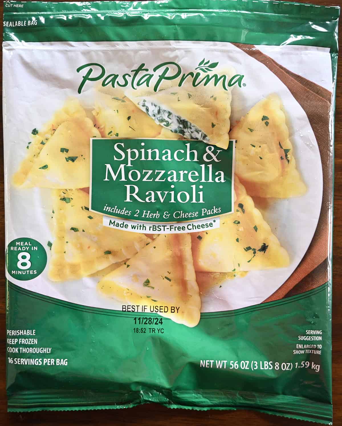 Closeup image of the front of the bag of ravioli showing size of the bag. 