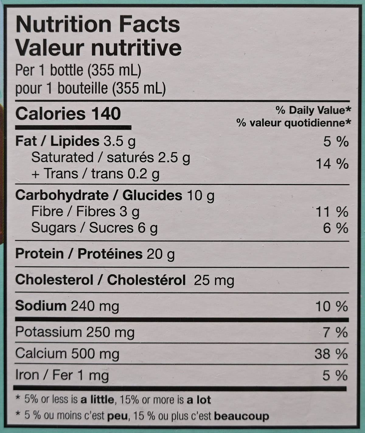 Image of the protein shake nutrition facts from the box.