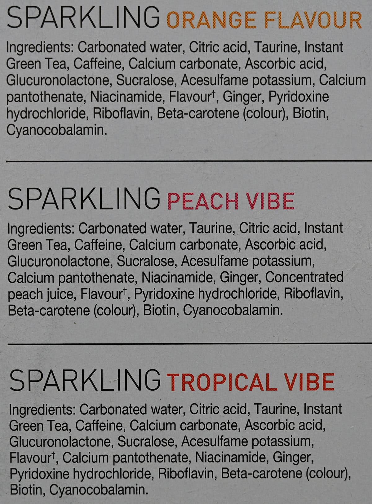 Image of the ingredients list for Celsius energy drink from the back of the box.