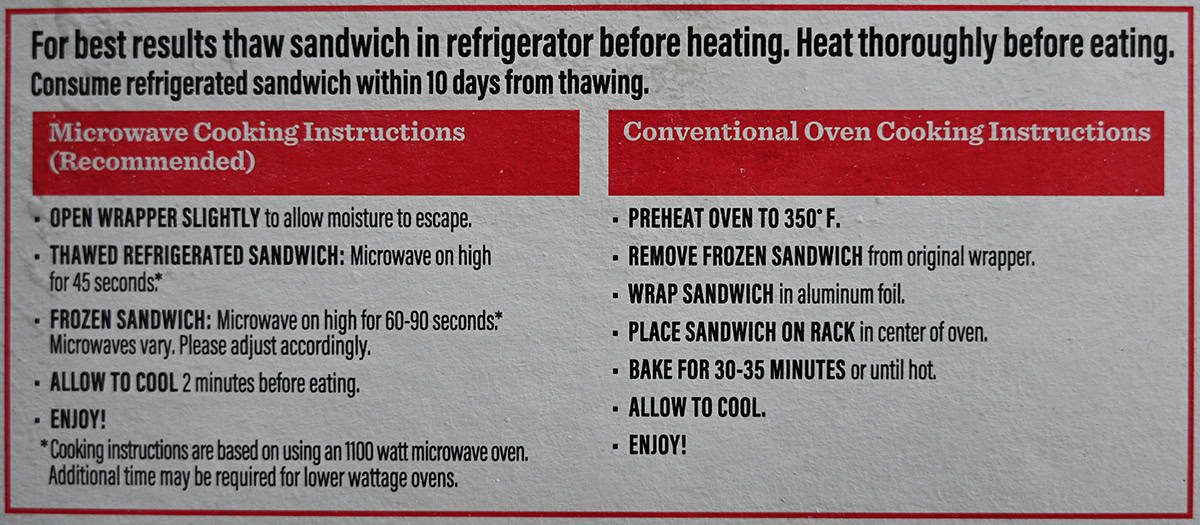Image of the heating instructions for the cheesesteaks from the back of the box. 