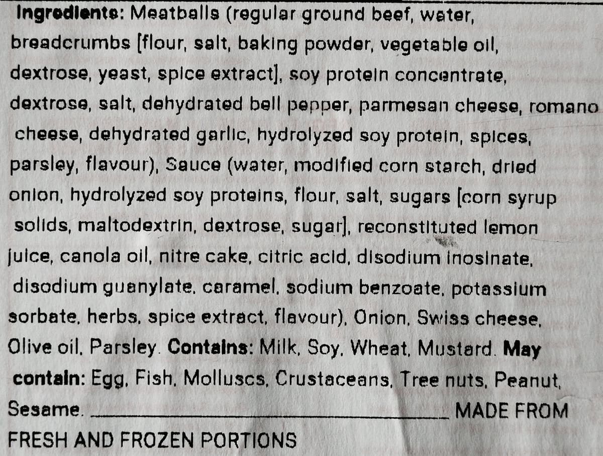Image of the ingredients label for the meatball bake.