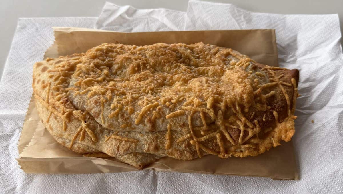 Image of the Costco Food Court Calzone out of the bag and sitting on a few napkins.