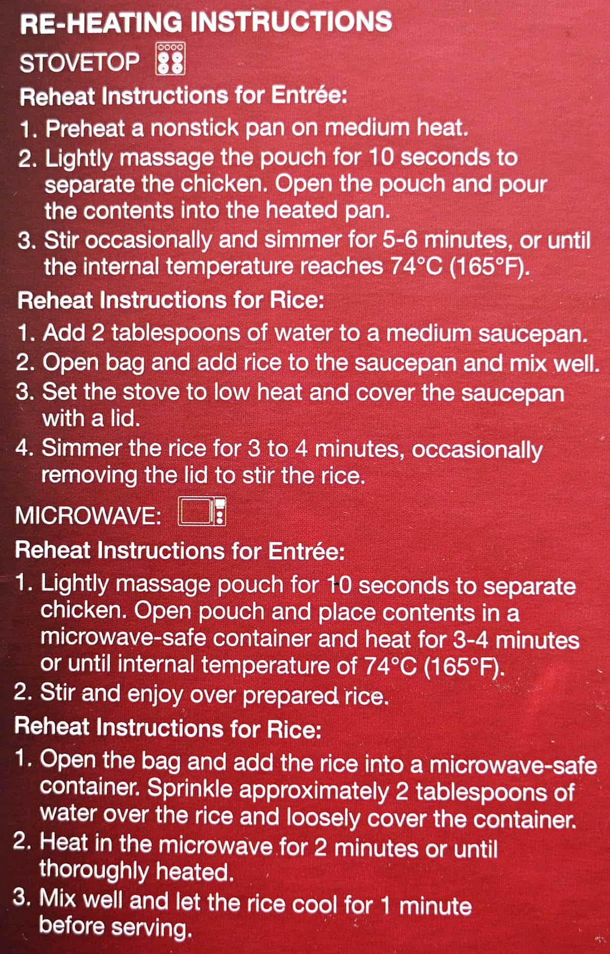 Image of the heating instructions for the curry and rice from the back of the package.
