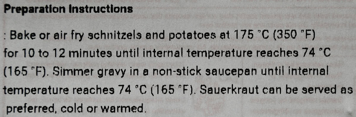 Image of the cooking instructions for the pork schnitzel from Costco.