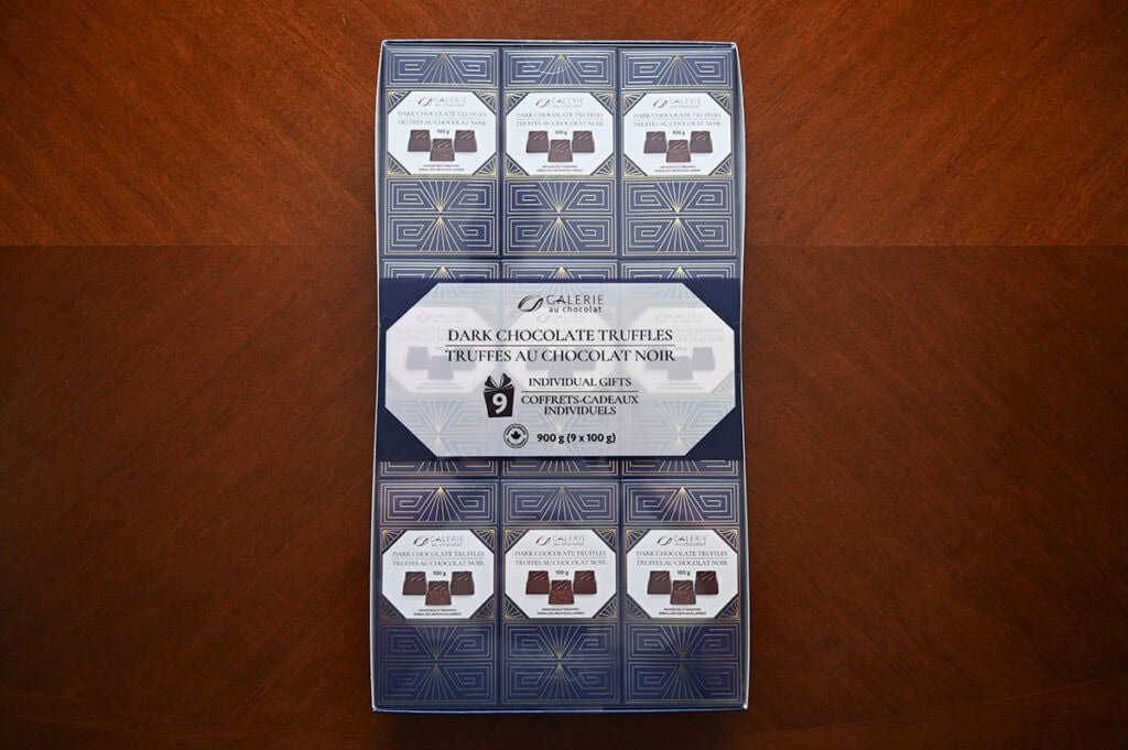 Image of the Costco Galerie Au Chocolat Dark Chocolate Truffles pack sitting on a table unopened. 