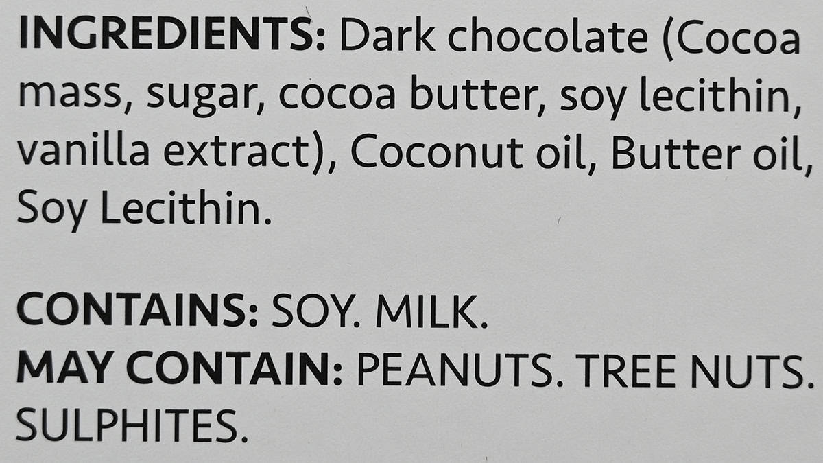Image of the dark chocolate truffle ingredients list from the back of the box. 