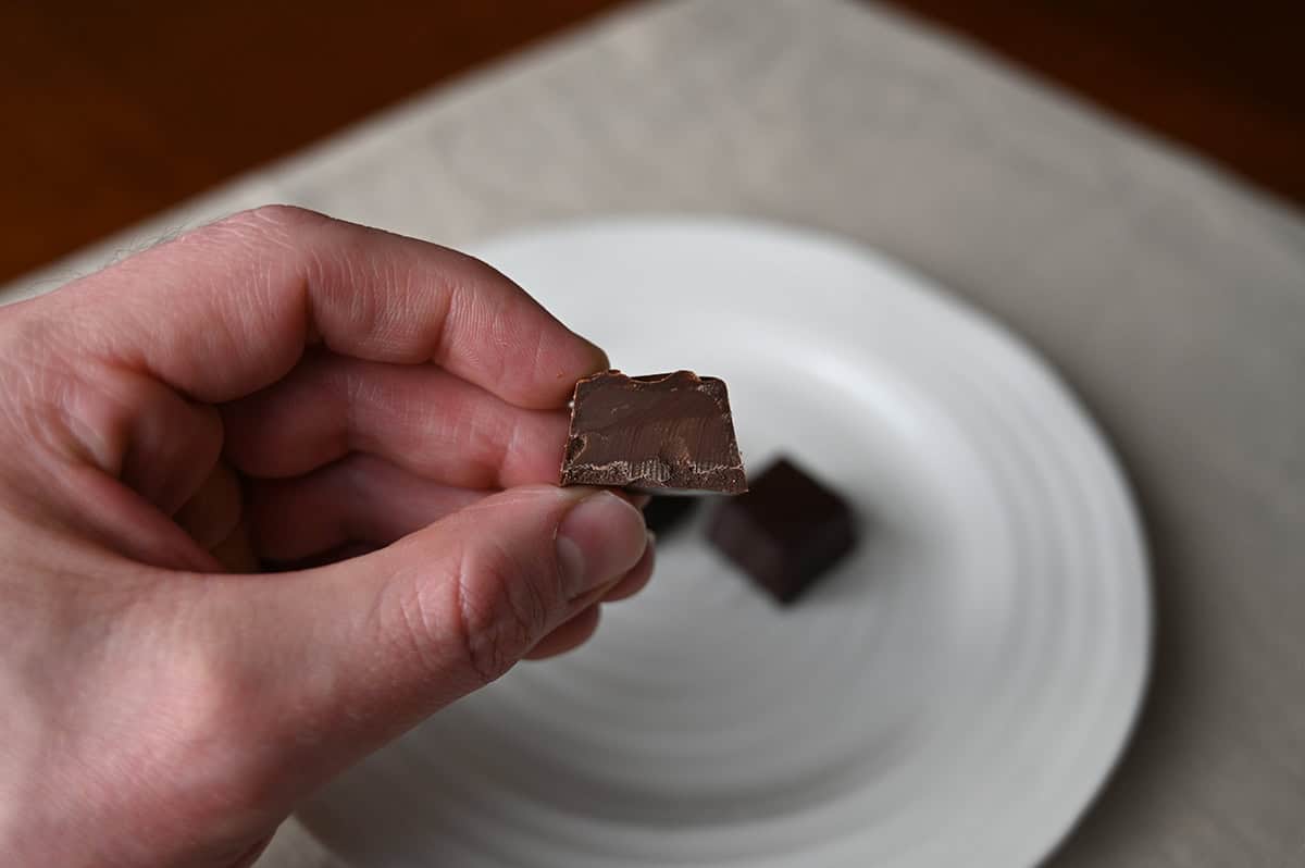 Image of a hand holding one dark chocolate truffle close to the camera with a bite taken out so you can see the center.
