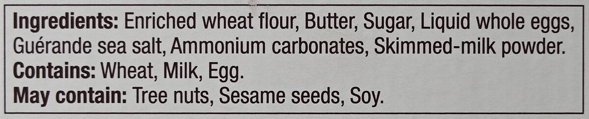 Image of the ingredients list for the cookies from the back of the package.