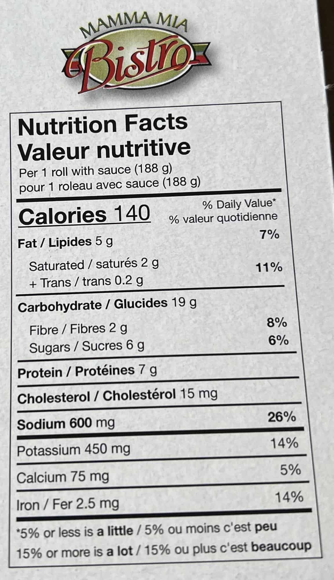 Image of the nutrition facts for the cabbage rolls from the back of the package.