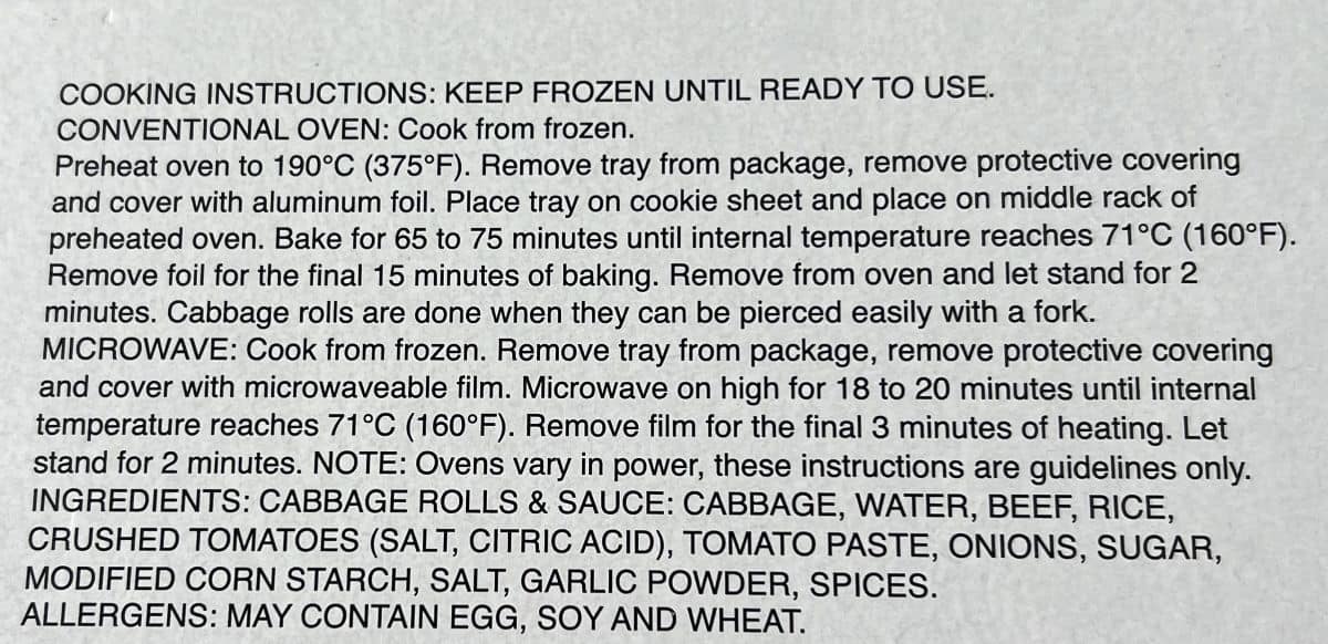 Image of the cooking instructions for the cabbage rolls from the packaging.