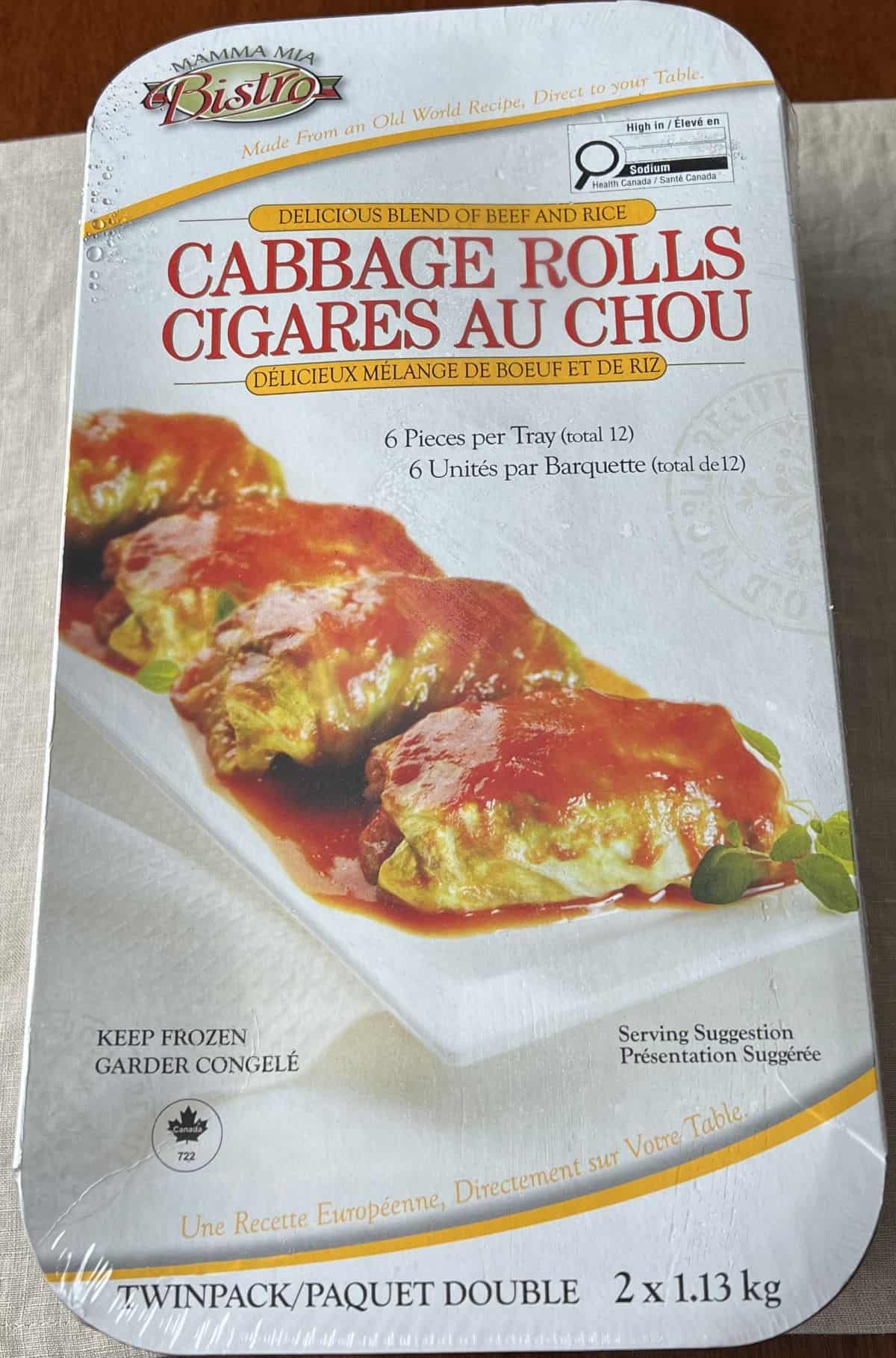 Image of the Costco Mamma Mia Bistro Cabbage Rolls package sitting on a table unopened.