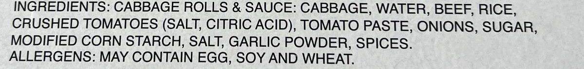 Image of the ingredients for the cabbage rolls from the back of the package.