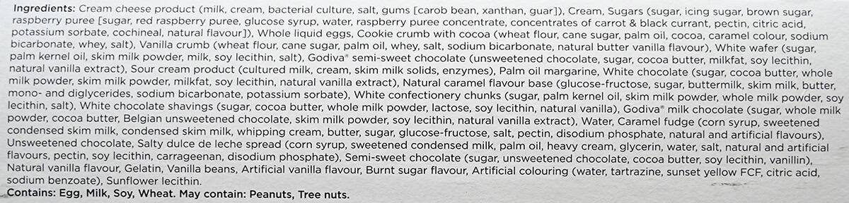 Image of the ingredients for the cheesecake from the back of the box.