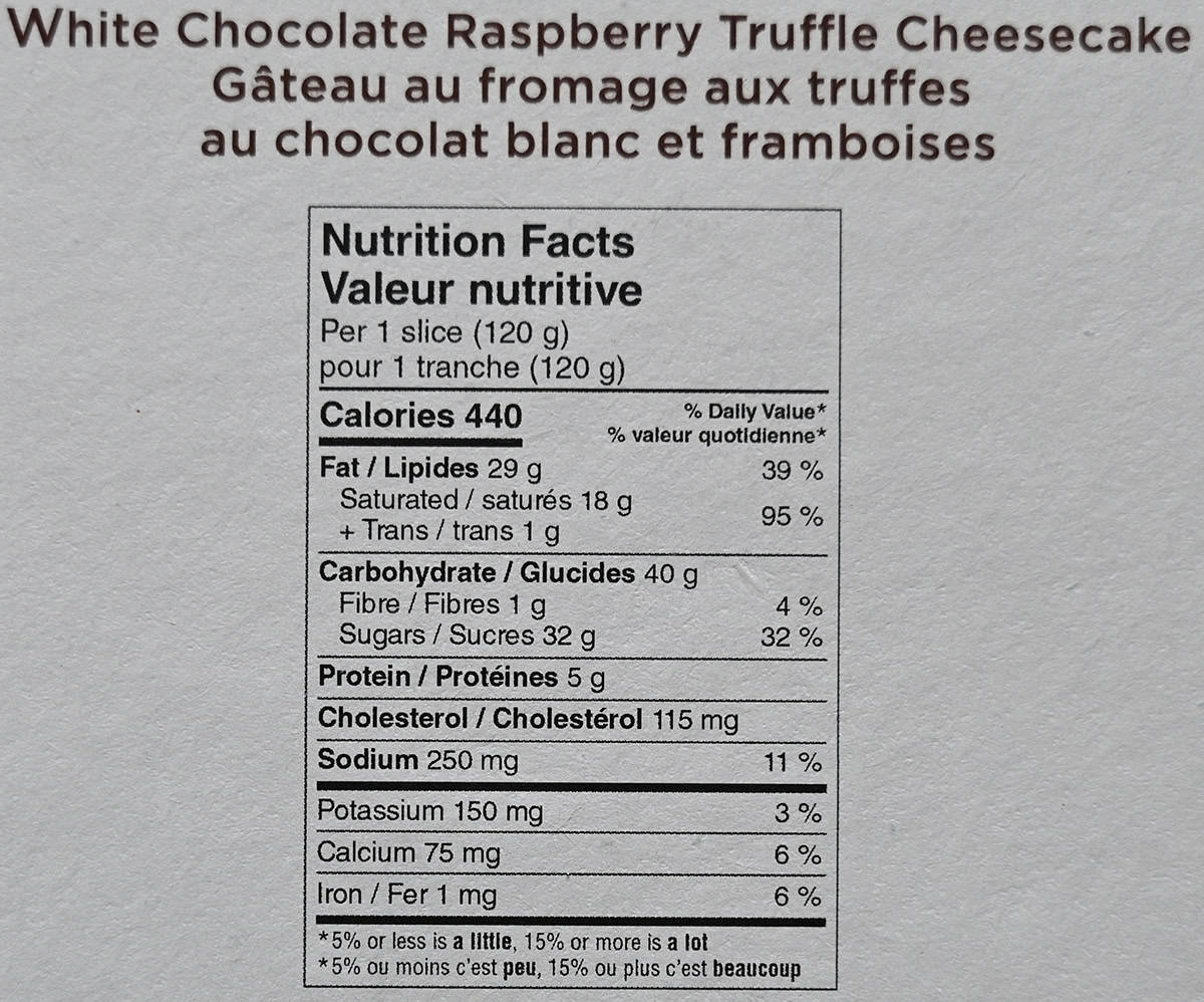 Image of the white chocolate raspberry truffle cheesecake nutrition facts from the back of the box.