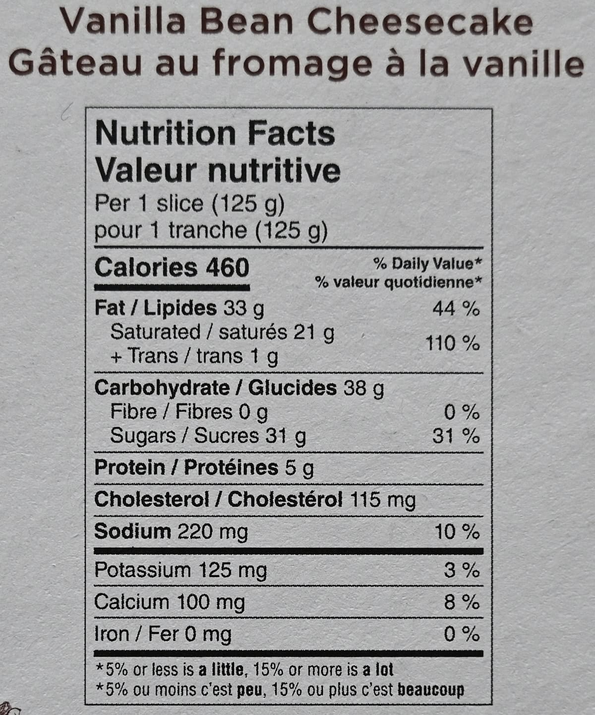 Image of the vanilla bean cheesecake nutrition facts from the back of the box.