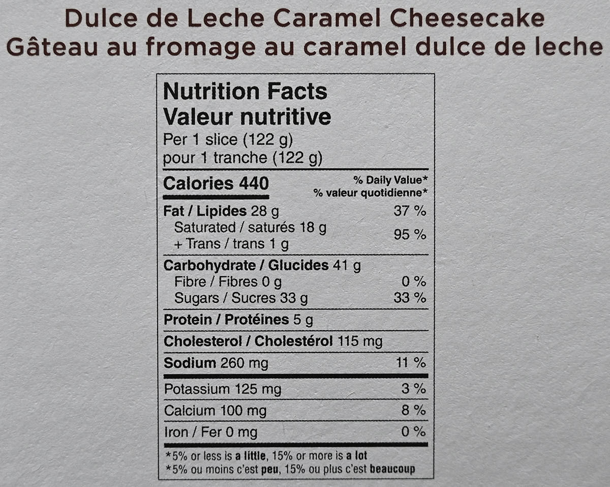 Image of the dulce de leche caramel cheesecake nutrition facts from the back of the box.