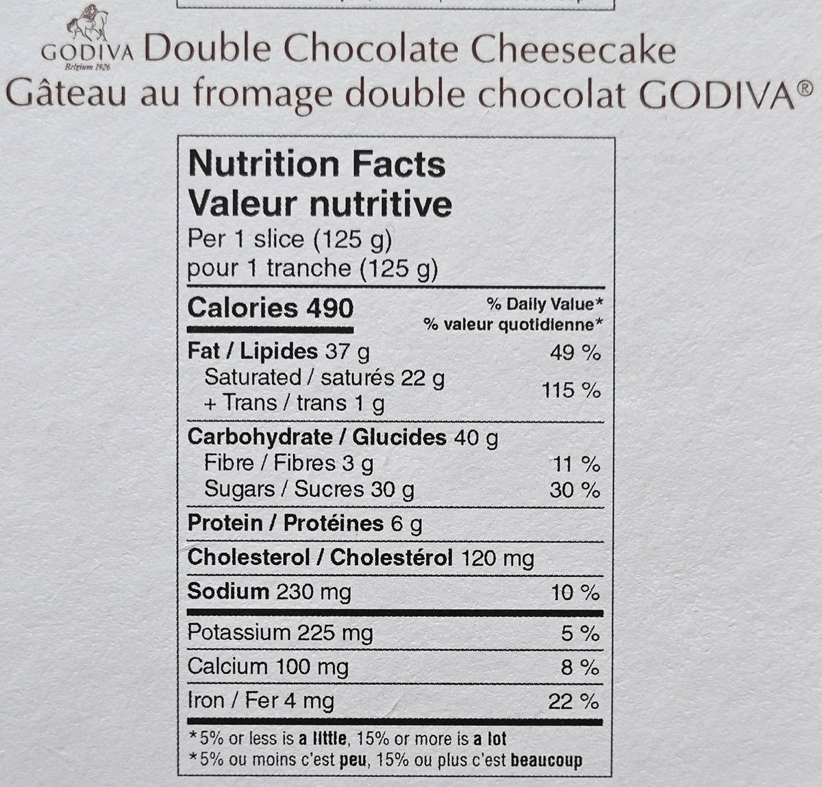 Image of the double chocolate cheesecake nutrition facts from the back of the box.