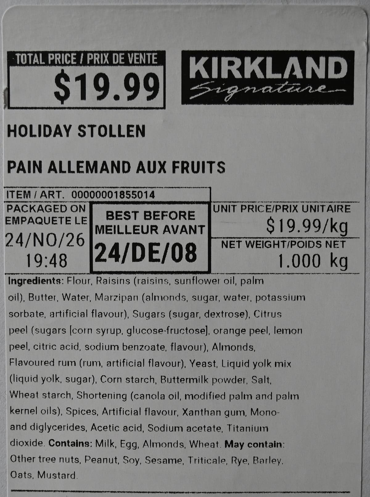 Image of the label on the Holiday Stollen showing the cost, ingredients and best before date.