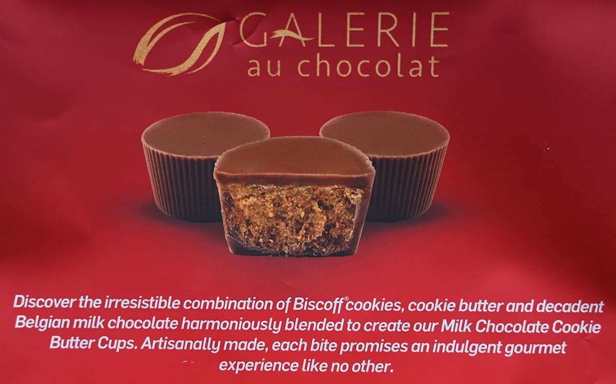 Closeup image of the cookie butter cups bag showing the product description.