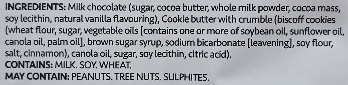 Image of the ingredients for the cookie butter cups from the back of the bag.