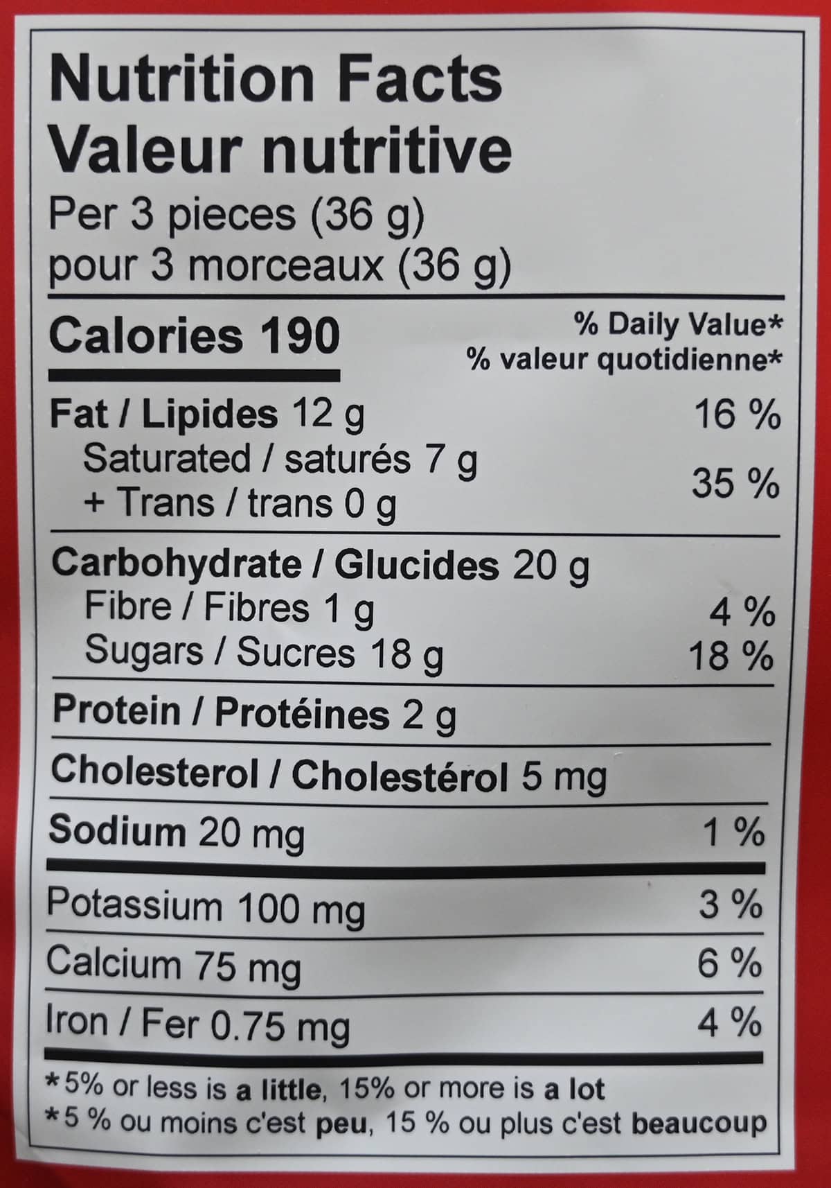 Image of the nutrition facts for the cookie butter cups from the back of the bag.