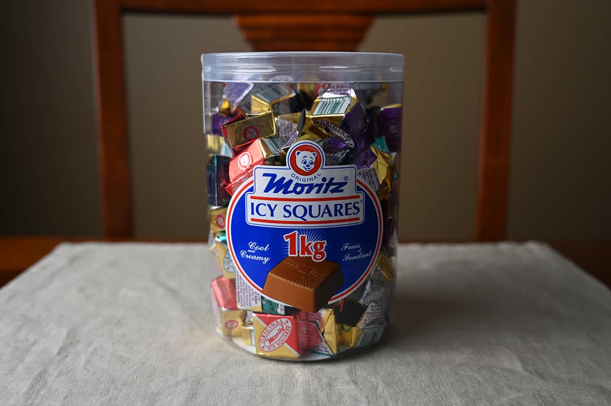 Image of the Costco Moritz Icy Squares container sitting on a table unopened.