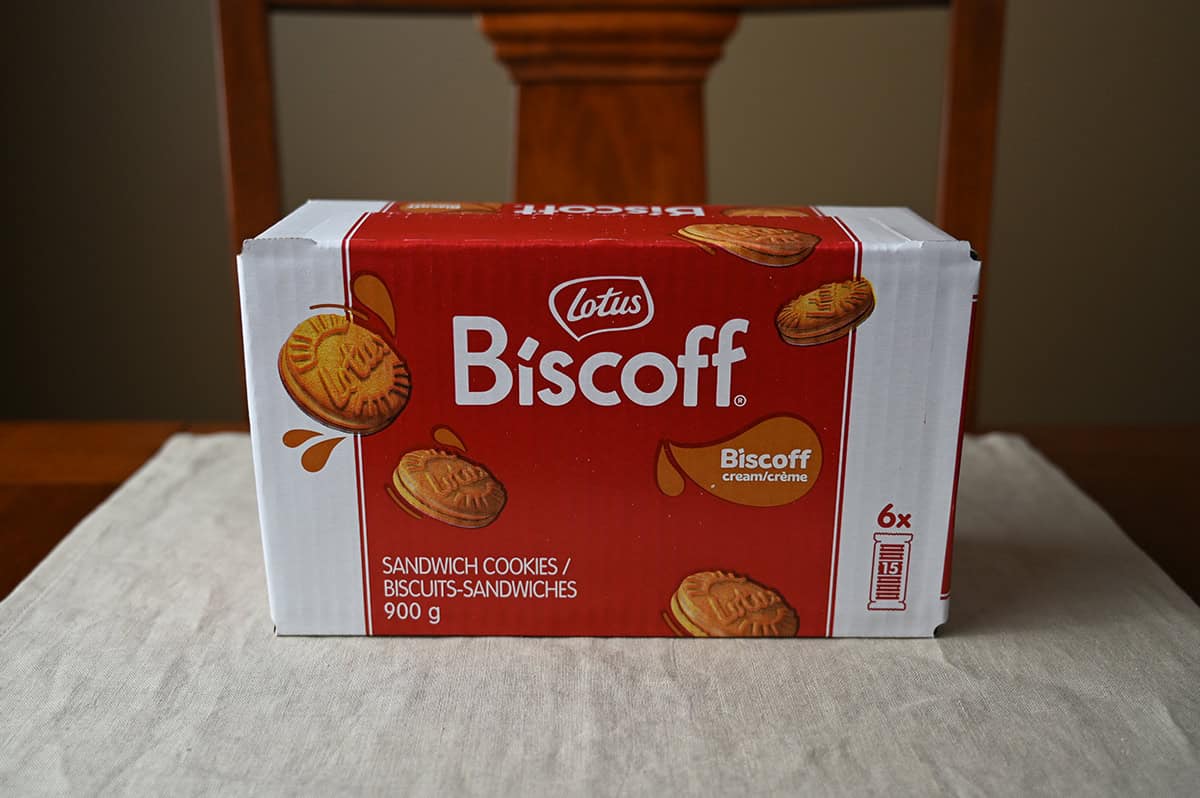 Image of the Costco Lotus Biscoff Sandwich Cookies box sitting on a table unopened.