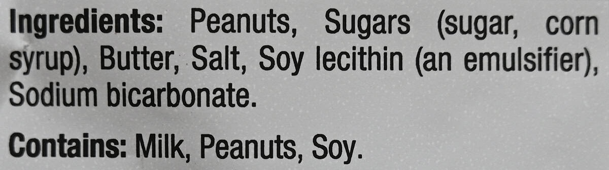 Image of the ingredients for the peanut brittle bites from the back of the bag.