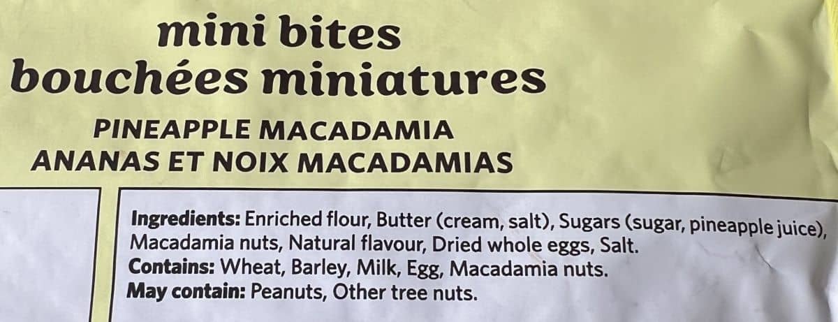 Image of the ingredients list for the cookies from the back of the bag. 