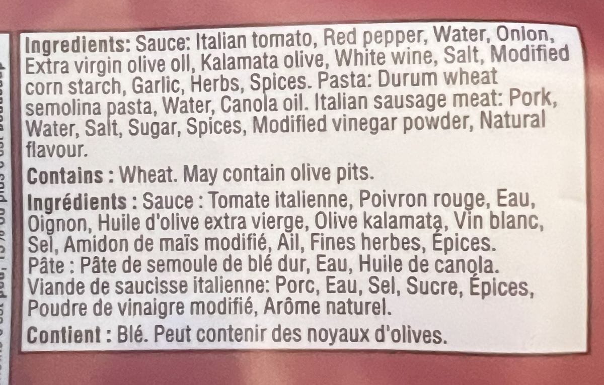 Image of the ingredients list for the pasta from the back of the package.