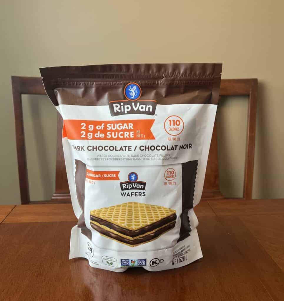 Image of the Costco Rip Van Wafer Cookies bag sitting on a table unopened.