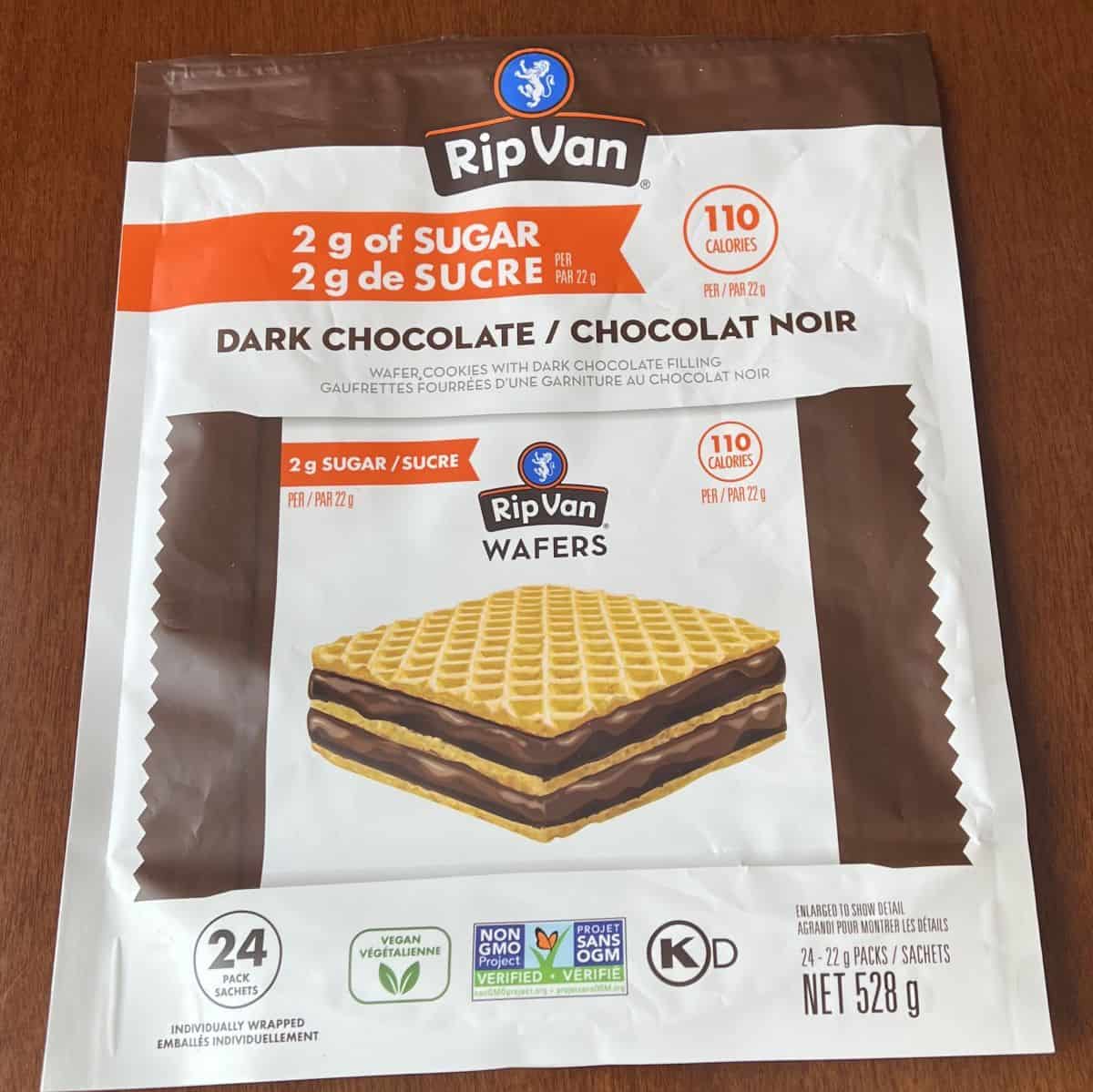 Closeup image of the front of the Costco Rip Van Wafer Cookies bag showing the size of the bag, how many wafers come in it and how many grams of sugar in each wafer.
